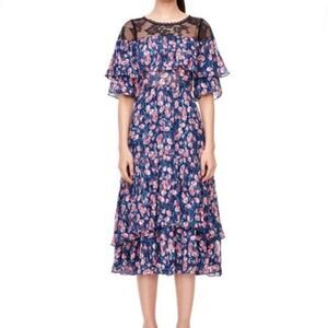REBECCA TAYLOR TEA ROSE TIERED RUFFLE FLORAL LACE ILLUSION NECK SILK MIDI DRESS